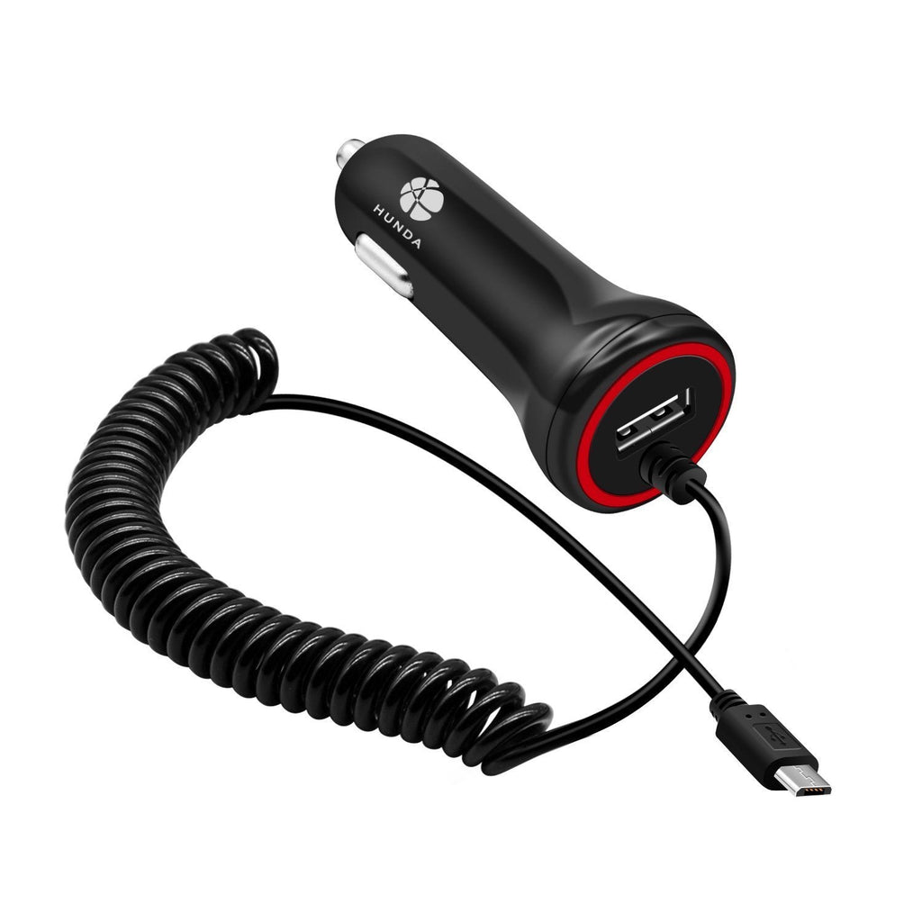 [Australia - AusPower] - Micro USB Car Charger, Rapid Dual Car Charger Adapter 24W/4.8A with Coiled USB Cable+ Built-in Fuse+ Smart Technology (Black) 