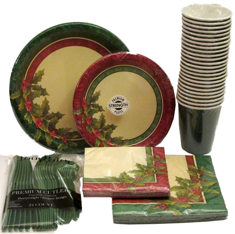 [Australia - AusPower] - Festive Greenery Dessert Party Supply Bundle for 8 Guests - Medium & Small Plates; Two Sizes of Napkins; Cups; Assorted Cutlery 