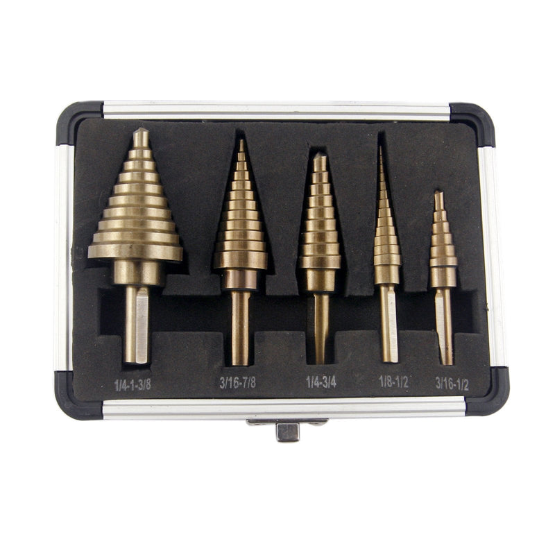[Australia - AusPower] - CO-Z Step Drill Bits, HSS 5PCS Titanium Step Drill Bit Set, 50 Sizes in 5 High Speed Steel Unibit Drill Bits Set for Sheet Metal with Aluminum Case, Multiple Hole Stepped Up Bits for DIY Lovers33 