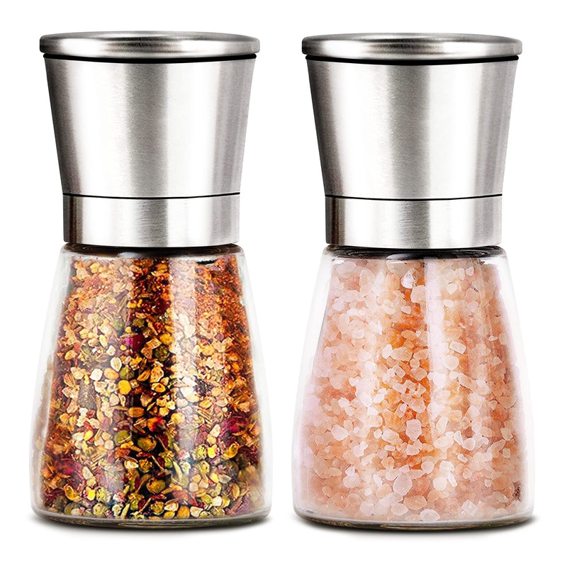 [Australia - AusPower] - Modetro Salt and Pepper Shakers Set Adjustable Coarseness Pepper Grinder Mill for Sea Salt Spice Stainless Steel Glass 2 Pack 2-pack 