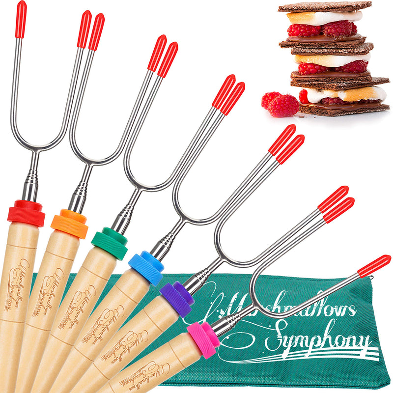 [Australia - AusPower] - CARPATHEN Campfire Roasting Sticks for Marshmallow and Hot Dog - Set of 6 Telescopic Smores Skewers Extra Long Heavy Duty Forks for Fire Pit & Fireplace - Camping Grill Accessories 