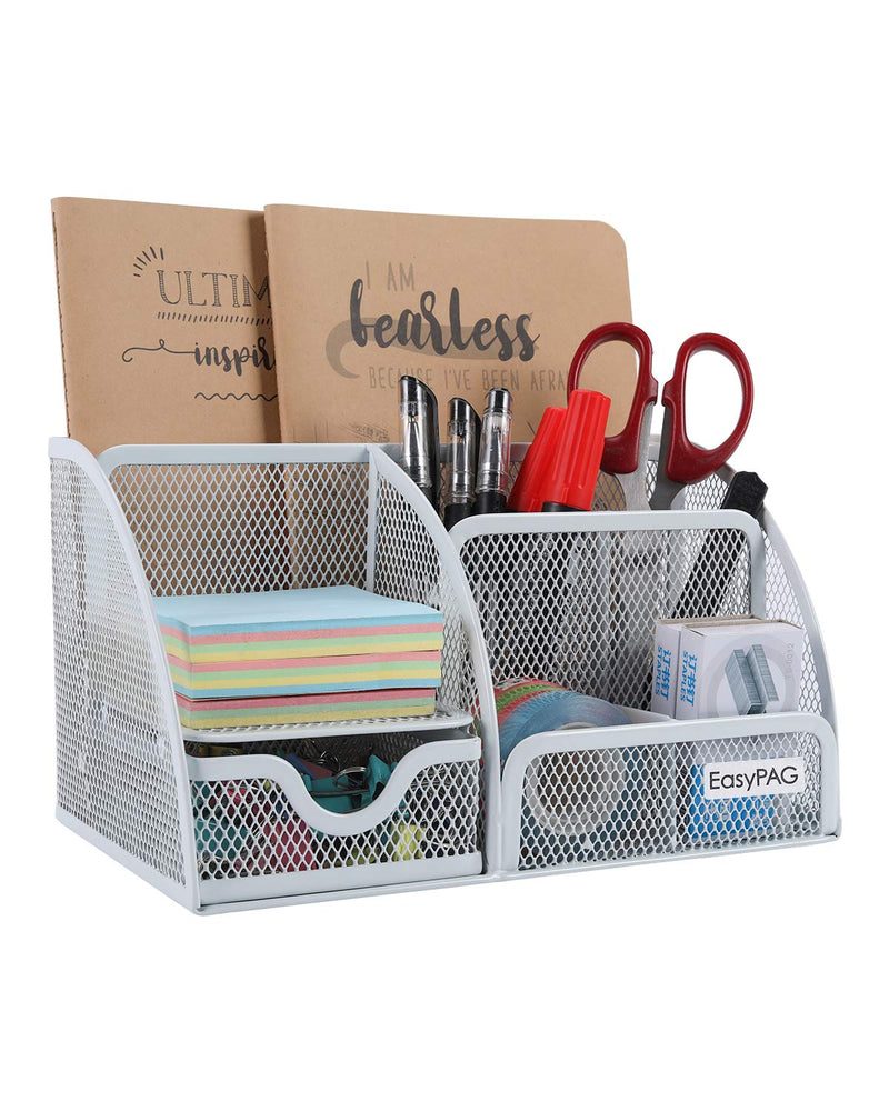 [Australia - AusPower] - EasyPAG Mesh Desk Organizer 6 Compartments with Drawer,White White 