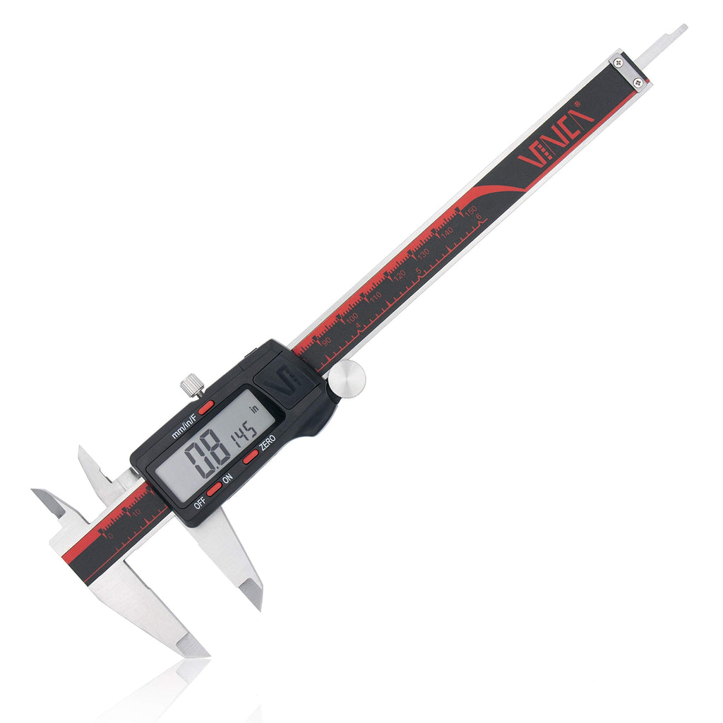 [Australia - AusPower] - VINCA DCLA-0605 Electronic Digital Vernier Micrometer Caliper Measuring Tool Stainless Steel Large LCD Screen 0-6 Inch/150mm, Inch/Metric/Fractions, Red/Black 