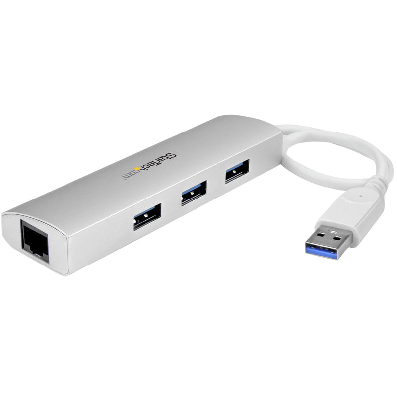 [Australia - AusPower] - StarTech.com 3-Port USB 3.0 Hub with Gigabit Ethernet - Up to 5Gbps - Portable USB Port Expander with Built-in Cable (ST3300G3UA) Silver w/ 3 USB Ports 
