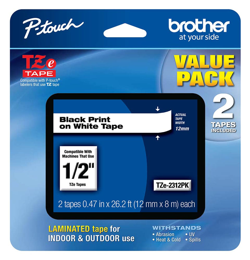 [Australia - AusPower] - Brother Genuine P-touch, TZe-231 2 Pack Tape (TZE2312PK) ½”(0.47”) x 26.2 ft. (8m) 2-Pack Laminated P-Touch Tape, Black on White, Perfect for Indoor or Outdoor Use, Water Resistant, TZE2312PK, TZE231 