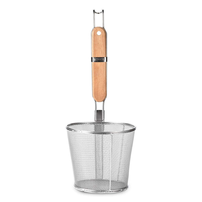 [Australia - AusPower] - Tenta Kitchen Miracle Noodle Angel Hair Pasta Noodle Blanching Basket, Barilla Thin Spaghetti Pasta Deep Strainer Skimmer with Wooden Handle (5.51Inch/14cm) 