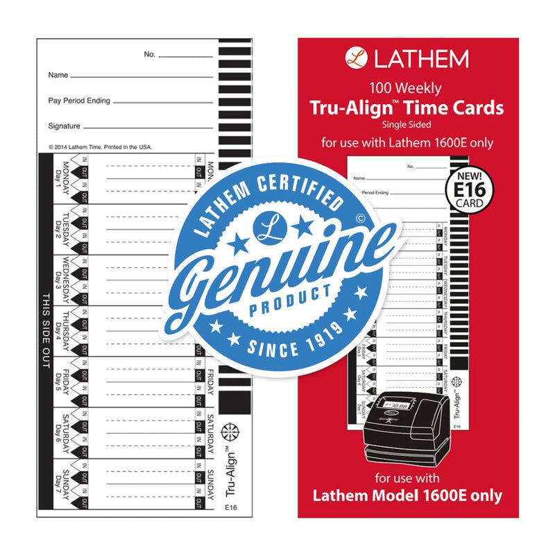[Australia - AusPower] - Lathem TruAlign E16 Time Cards for 1600E, Weekly, 1-Sided, 4" x 9", White, Box of 100 