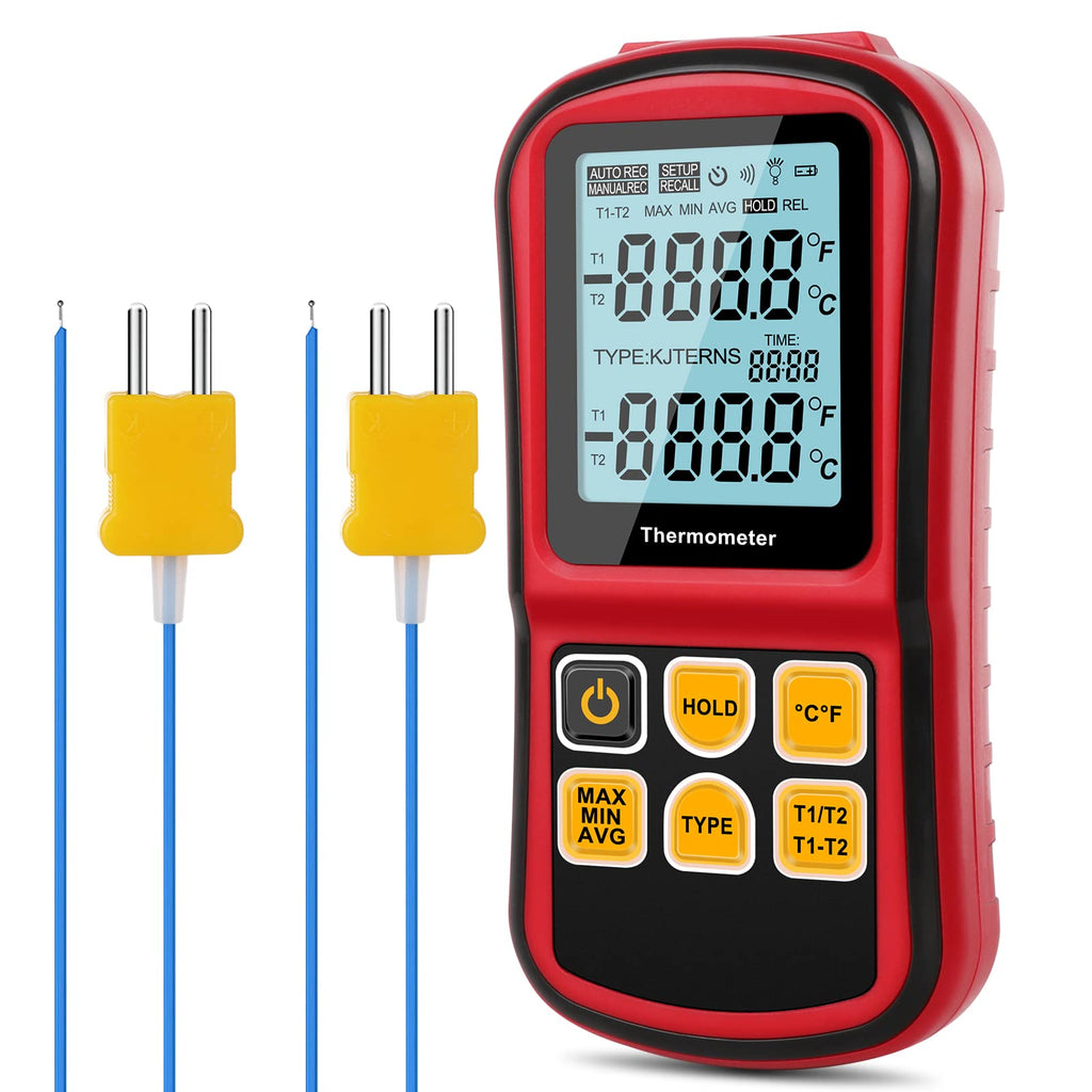 [Australia - AusPower] - Digital Thermometer Dual Channel Thermometer Temperature Thermometer with Two K-Type Thermocouple Probe Backlight LCD K Type Thermometer for K/ J/ T/ E/ R/ S/ N Thermocouple 
