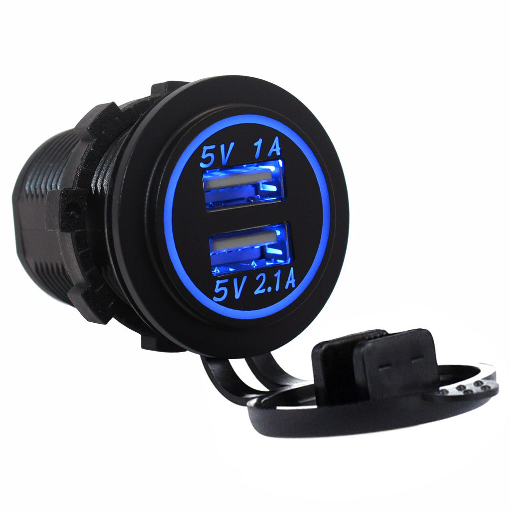 [Australia - AusPower] - Cllena Car USB Charger Socket Power Outlet 1A & 2.1A for Ipad iPhone Car Boat Marine Mobile Blue LED Light(5007B) 