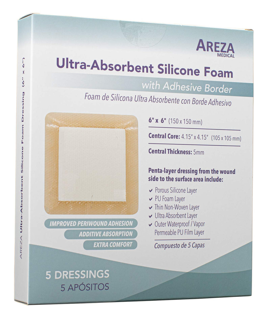 [Australia - AusPower] - Ultra-Absorbent Silicone Foam Dressing with Border (Adhesive) Waterproof 6" X 6" (15 cm X 15 cm) (Central Ultra Absorbent-Foam Pad is 4.15" X 4.15") 5 Per Box (1); Wound Dressing by Areza Medical 1 