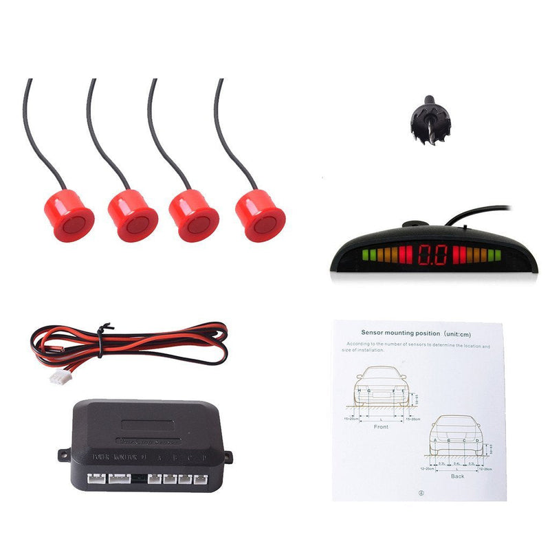 [Australia - AusPower] - EKYLIN Car Auto Vehicle Reverse Backup Radar System with 4 Parking Sensors Distance Detection + LED Distance Display + Sound Warning (Red Color) Red 4 Sensors 