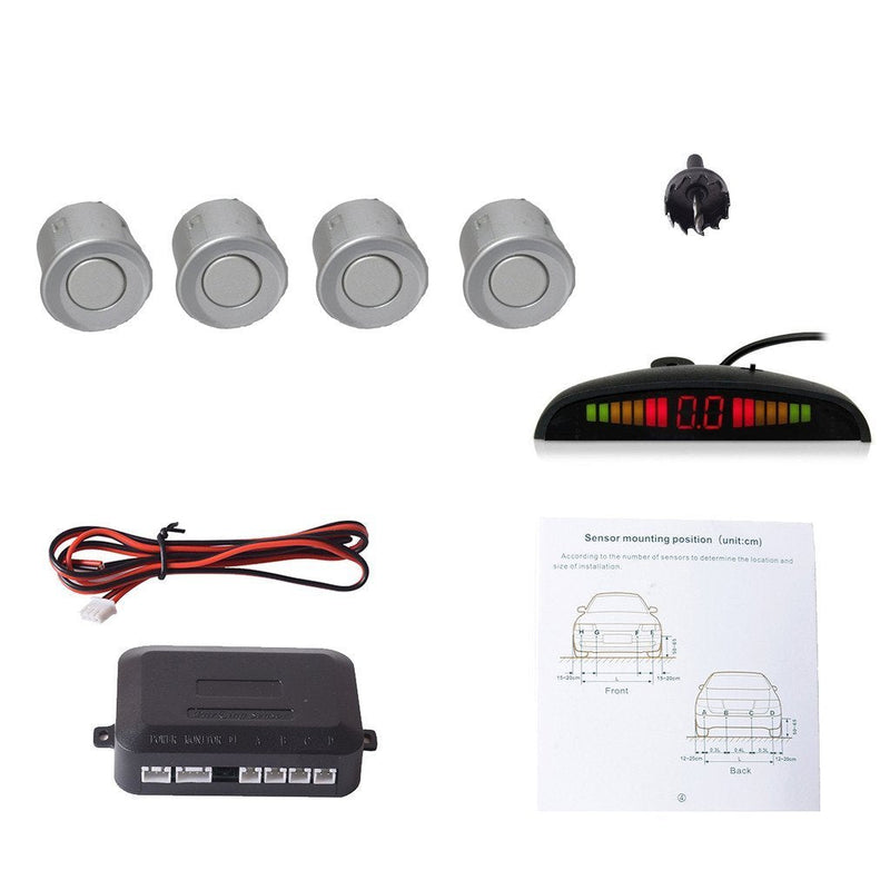 [Australia - AusPower] - EKYLIN Car Auto Vehicle Reverse Backup Radar System with 4 Parking Sensors Distance Detection + LED Distance Display + Sound Warning (Silver Color) Silver 4 Sensors 