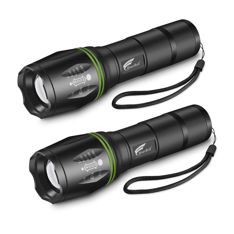 [Australia - AusPower] - HAUSBELL LED T6 Flashlight Pack -2 Bright, Zoomable Tactical Flashlights Flash light with High Lumens and 5 Modes for Emergency and Outdoor Use -Camping Accessories 2 Pack 