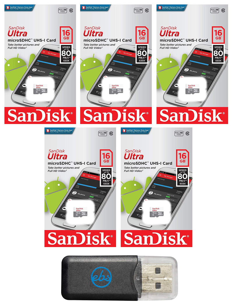 [Australia - AusPower] - SanDisk Micro SDHC Ultra (5 Pack) MicroSD TF Flash Memory Card 16GB 16G Class 10 SDSQUNB-016G Bundle with Everything But Stromboli Memory Card Reader 