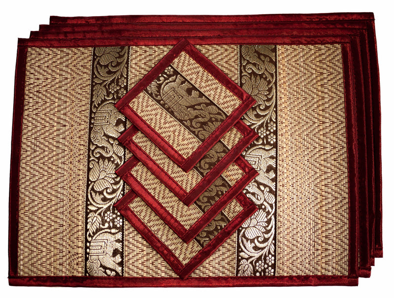 [Australia - AusPower] - Eco Friendly Handmade, Heat Resistant, Easy to wipe clean, Placemat Coaster 4 sets, 2 sizes Large Medium, Sustainable Kitchen craft Dining table mat natural reed material artisan (Medium, Burgundy) 