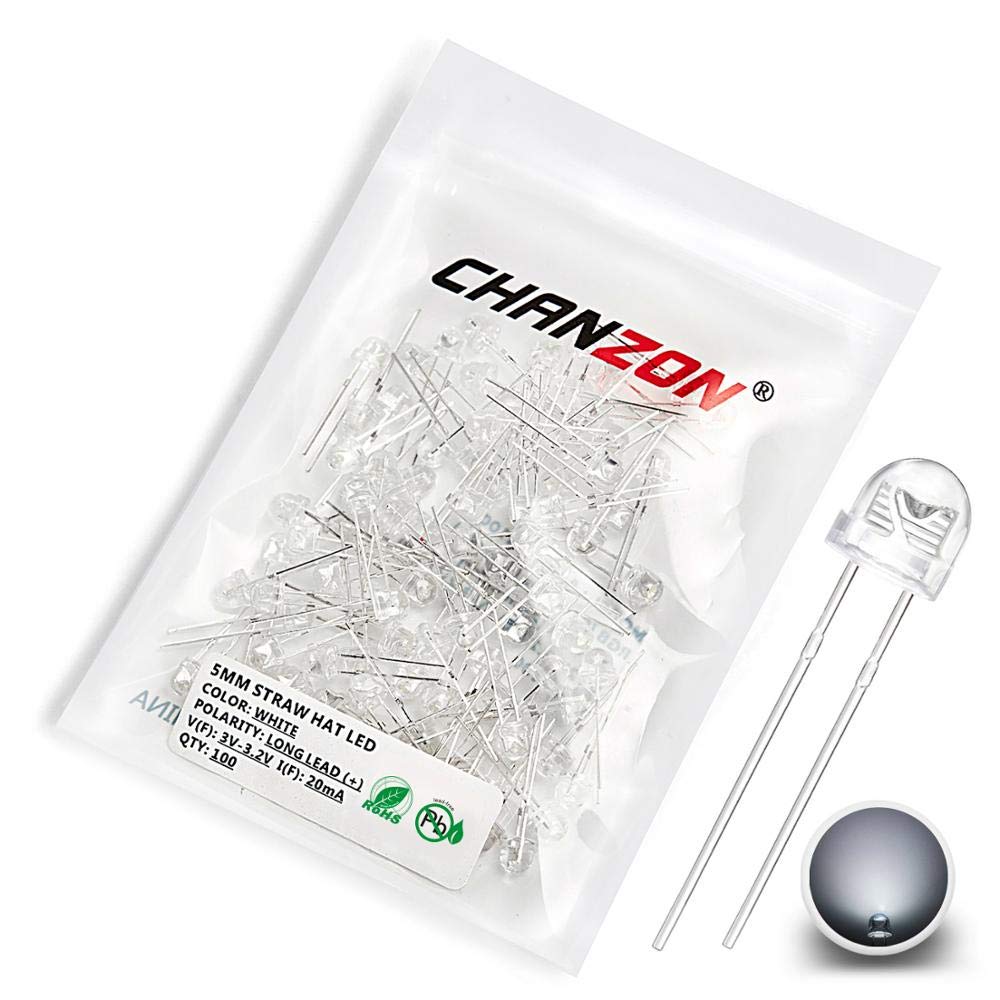 [Australia - AusPower] - Chanzon 100 pcs 5mm White Straw Hat LED Diode Lights (Clear Transparent Lens 3V 20mA) Bright Lighting Bulb Lamps Electronics Components Indicator Light Emitting Diodes A) White (100pcs) 
