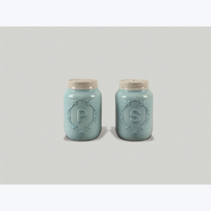 [Australia - AusPower] - Miniature Ceramic Mason Jar-Shaped Salt & Pepper Shakers - Blue - 2.75" H 