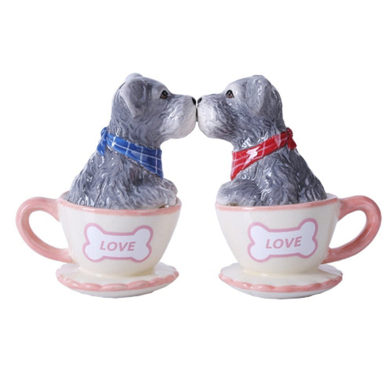[Australia - AusPower] - Schnauzer Dogs in Teacups Kissing Ceramic Magnetic Salt and Pepper Shaker Set 
