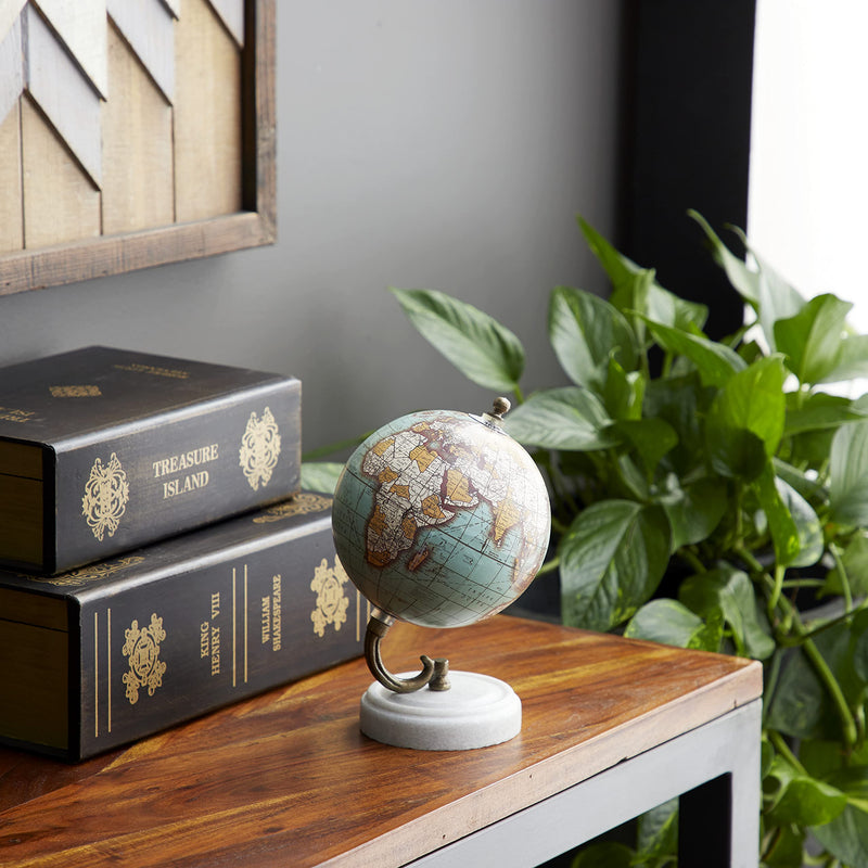[Australia - AusPower] - Deco 79 Modern Metal Marble Globe Wood MBL 5" W, 7" H-94444, 5" x 7", Aqua 