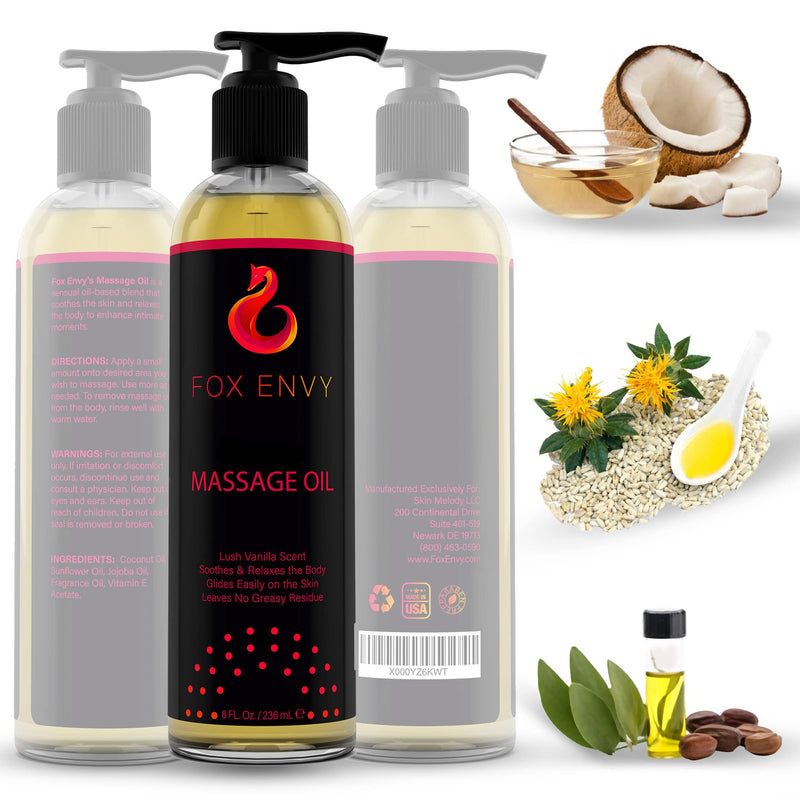 [Australia - AusPower] - Massage Oil for Couples, Women & Men (1 Bottle, 8 fl oz) - Fox Envy Massage Oil with Coconut Oil & Jojoba Oil - Vanilla 