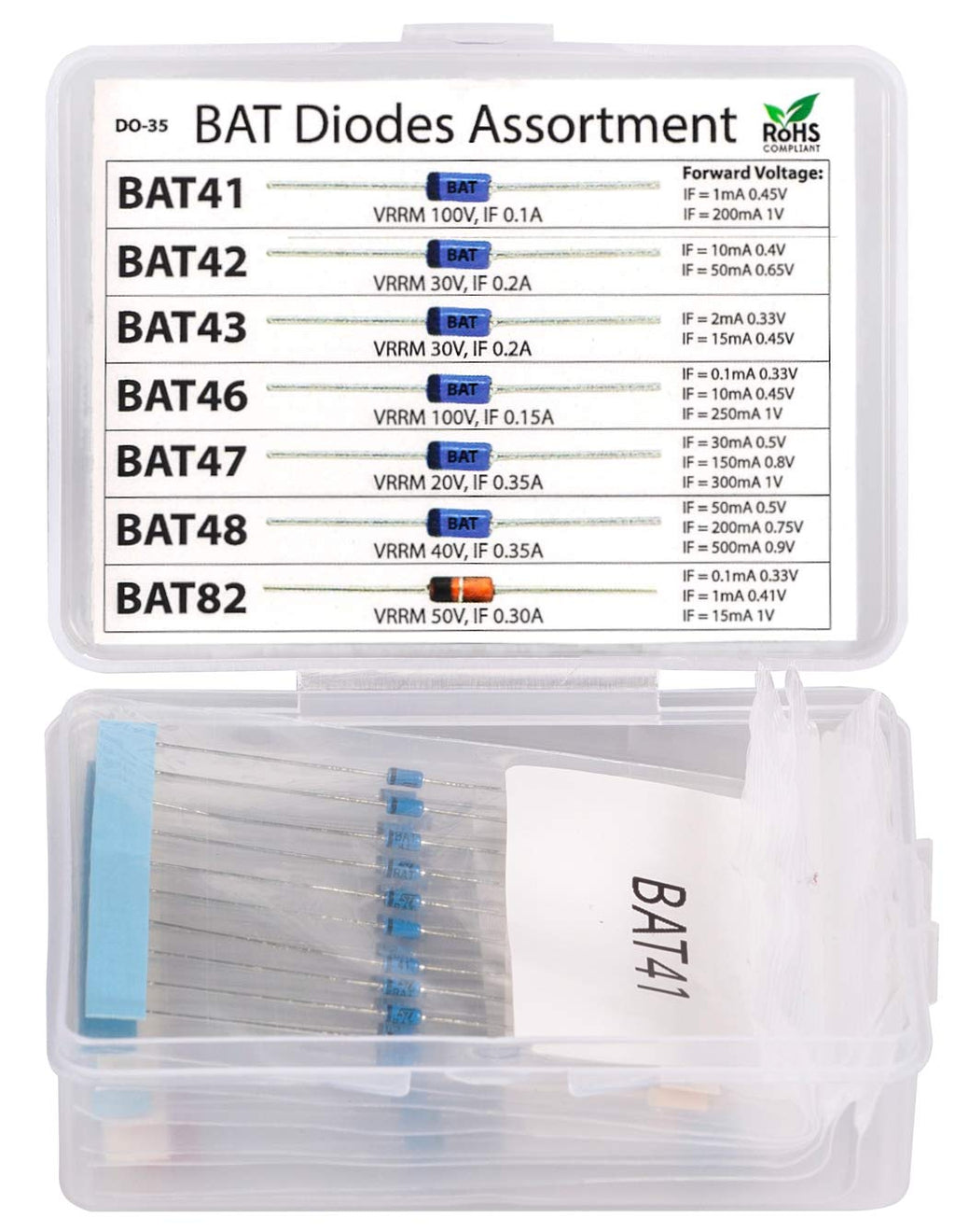 [Australia - AusPower] - 70 pcs BAT41, BAT42, BAT43, BAT46, BAT47, BAT48, BAT82 Blue Schottky Diode Assortment Kit 