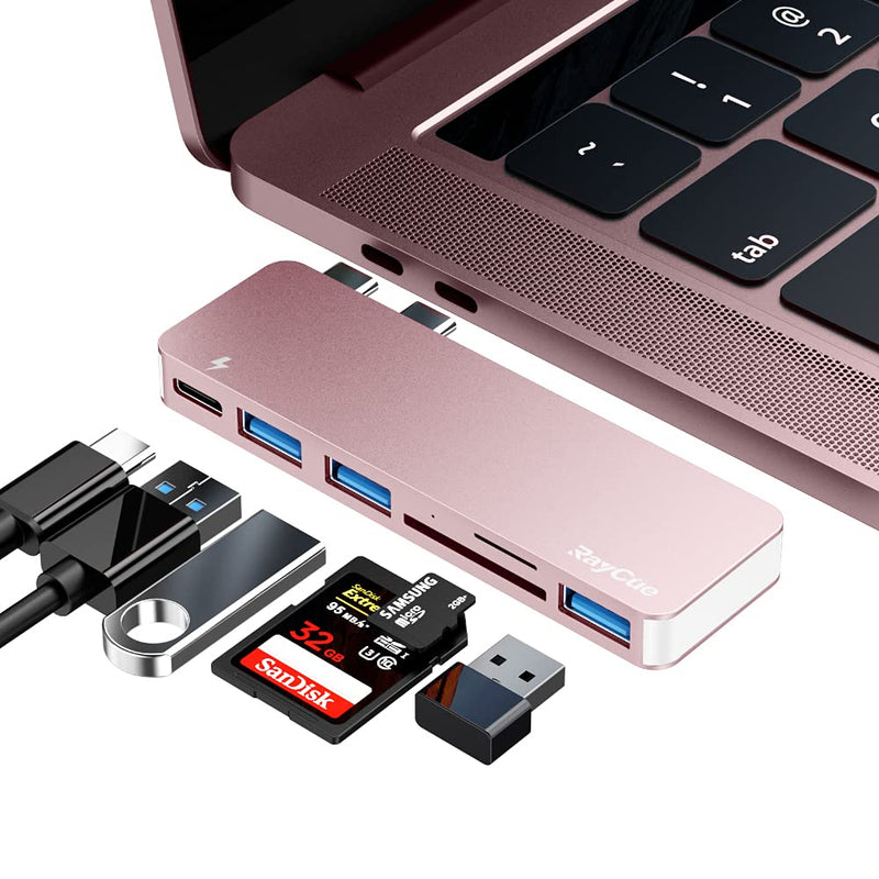 [Australia - AusPower] - USB C Hub Adapter for MacBook Pro/Air 2020 2019 2018, 6 in 1 USB-C Accessories Compatible with MacBook Pro 13″ and 15″ with 3 USB 3.0 Ports, TF/SD Card Reader, USB-C Power Delivery (Pink) Pink 