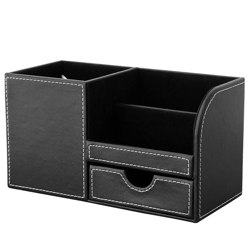[Australia - AusPower] - KINGFOM Wooden Struction Leather Multi-function Desk Stationery Organizer Storage Box Pen/Pencil,Cell phone, Business Name Cards Remote Control Holder with Small Drawer Black 
