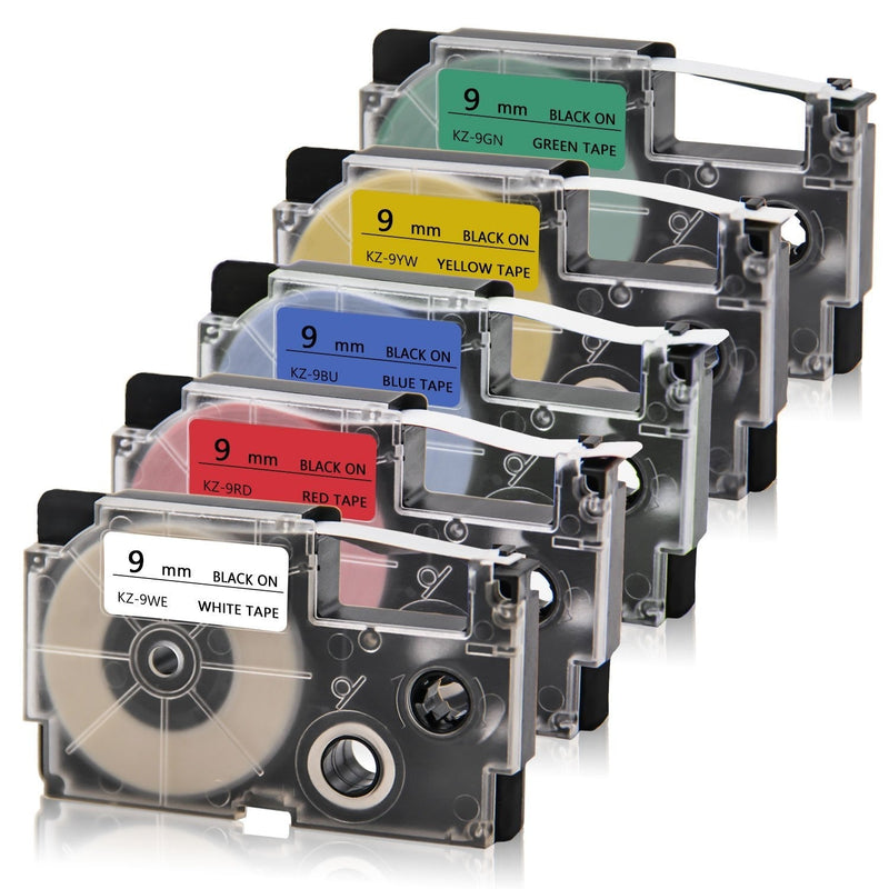 [Australia - AusPower] - Absonic Compatible Label Tape Replacement for XR-9WE XR-9RD XR-9BU XR-9YW XR-9GN Tape Cassette for KL-60 KL-100 KL-120 KL-750 KL-780 KL-7000 KL-8100 Label Maker, 3/8" x 26', 9mm x 8m, 5-Pack 