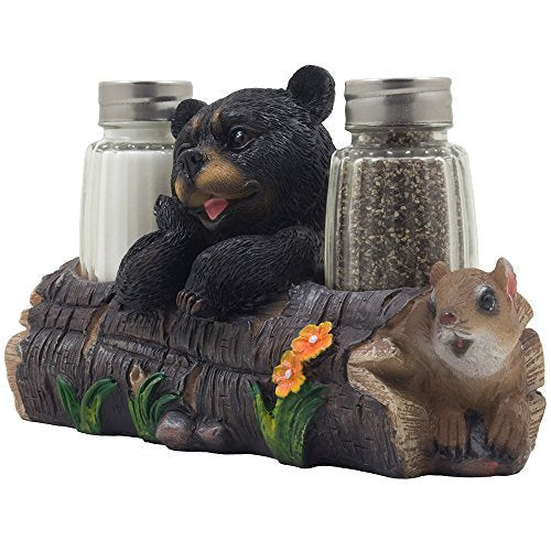 [Australia - AusPower] - Decorative Black Bear and Squirrel Friend on Log Salt & Pepper Shaker Set Figurine Display Stand in Rustic Lodge Table Decorations or Cabin Kitchen Decor Sculptures As Gifts for Friends 