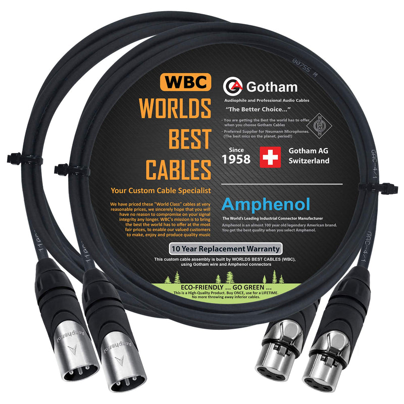 [Australia - AusPower] - 2 Units - 2 Foot - Gotham GAC-4/1 (Black) - Star Quad, Dual Shielded Balanced Male to Female Microphone Cables with Amphenol AX3M & AX3F Silver XLR Connectors - Custom Made by WORLDS BEST CABLES 