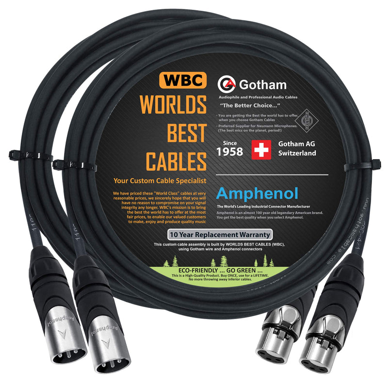 [Australia - AusPower] - 2 Units - 12 Foot - Gotham GAC-4/1 (Black) - Star Quad, Dual Shielded Balanced Male to Female Microphone Cables with Amphenol AX3M & AX3F Silver XLR Connectors - Custom Made by WORLDS BEST CABLES 