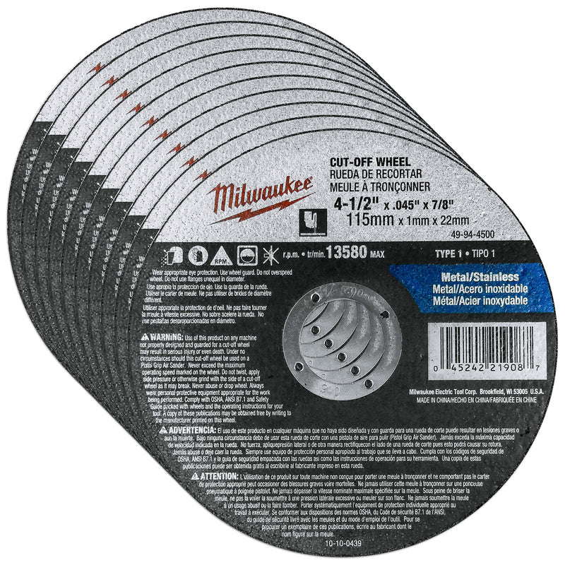[Australia - AusPower] - Milwaukee 10 Pack - 4 1 2 Cutting Wheels For Grinders - Aggressive Cutting For Metal & Stainless Steel - 4-1/2" x .045 x 7/8-Inch | Flat Cut Off Wheels 