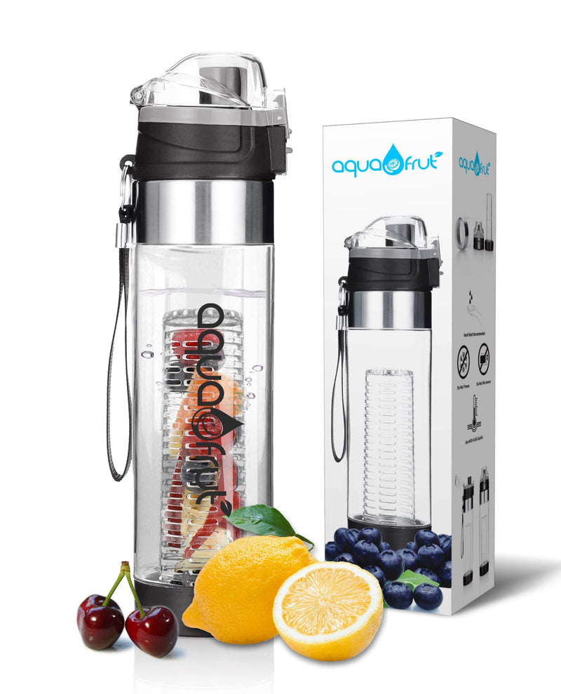 [Australia - AusPower] - New Improved Unique Bottom Loading Fruit Infuser Water Bottle Complete Bundle Includes Bottle Brush, Insulating Sleeve & Infusion Recipe eBook. Leak Proof Sweat Proof BPA-Free (Black) 