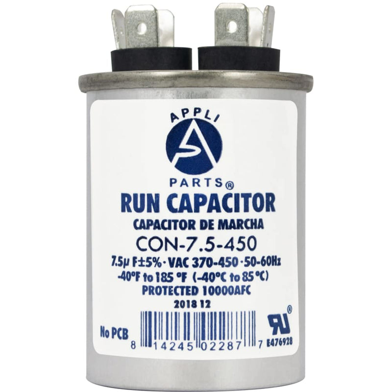 [Australia - AusPower] - Appli Parts Run Capacitor for ac 7.5 Mfd uF (microfarads) 370 VAC or 450 VAC CBB65 Round Universal fit for hvac and other applications 2-1/2 in High 1-1/2 in Wide CON-7.5-450 