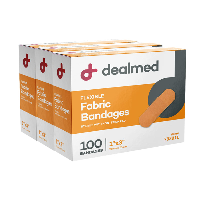 [Australia - AusPower] - Dealmed Sterile Flexible Fabric Adhesive Bandages – 1x3 Inch – 100/Box - 3 Boxes - Breathable First Aid Strip Pack - Soft Stretch Wound Patch For Medical, Emergency Kits & Clinic 