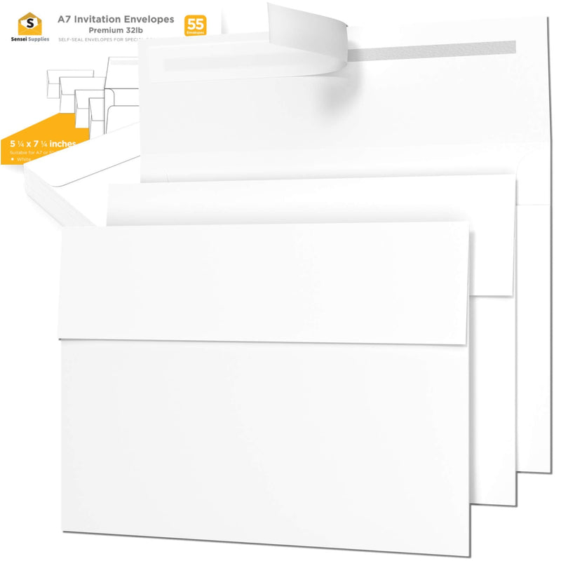[Australia - AusPower] - 55 5x7 White Invitation Envelopes - for 5x7 Cards - A7 - (5 ¼ x 7 ¼ inches) - Perfect for Weddings, Graduations, Baby Showers - 120 GSM - 32lb/80lb Text - Peel, Press & Self Seal - Square Flap 55 