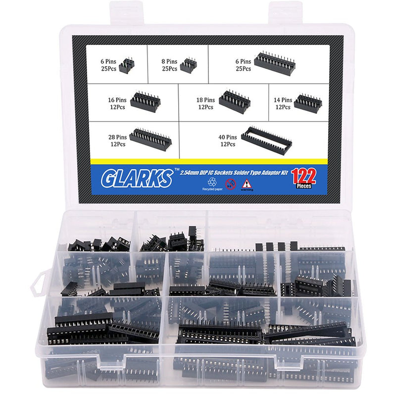 [Australia - AusPower] - Glarks 122Pcs 2.54mm Pitch DIP IC Sockets Solder Type Adaptor Assortment Kit (6/8 / 14/16 / 18/24 / 28/40 Pins) 