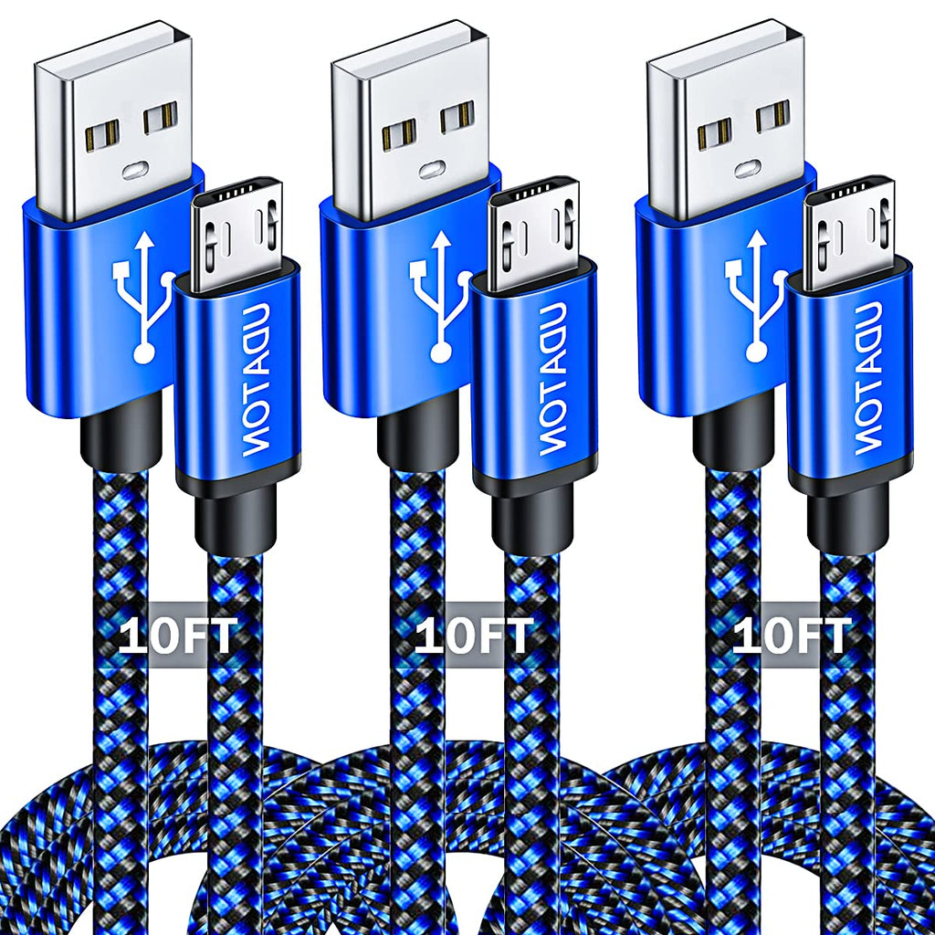 [Australia - AusPower] - Micro USB Cable, Udaton 10ft 3Pack PS4 Controller Charger, Nylon Braided 480 Mbps High Speed Micro USB Fast Charging, 2.0 Long Micro USB Cord Compatible with PS4 Samsung Galaxy S22 S21 Kindle-Blue Blue 