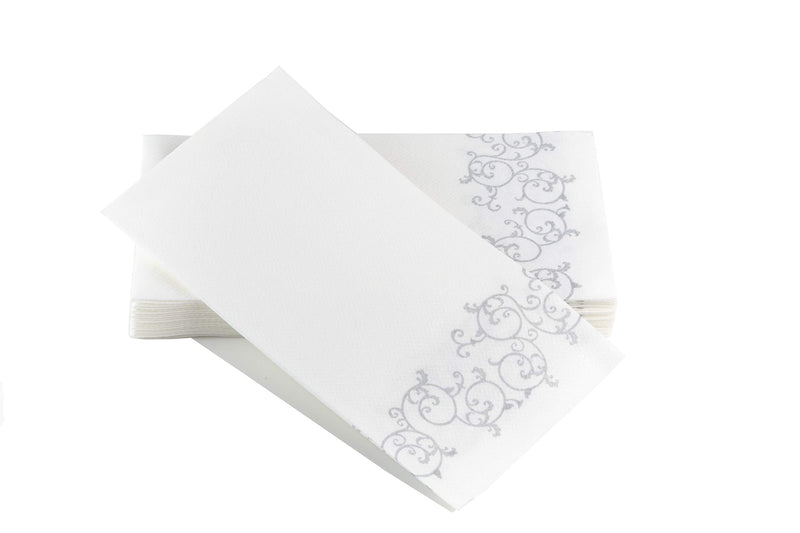 [Australia - AusPower] - SimuLinen Disposable Guest Bathroom Hand Towels - SILVER FLORAL Design - Linen-Feel Disposable Paper Towels, Cloth-Like Texture, Single-Use - Perfect Size: 12x17” Unfolded & 8.5x4” Folded - Box of 100 