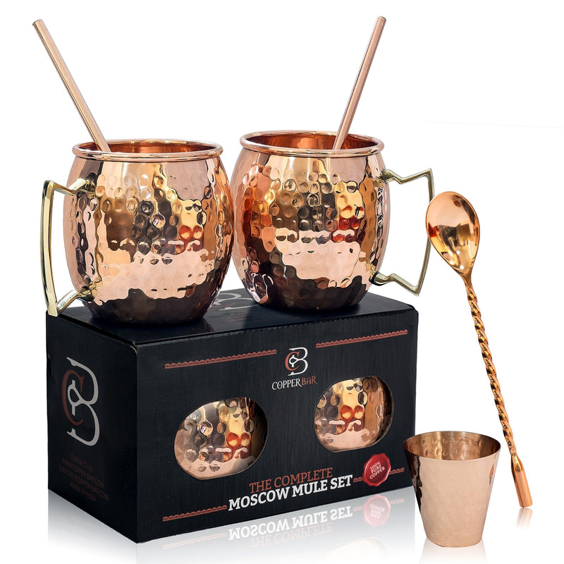 [Australia - AusPower] - Moscow Mule Copper Mugs - Set of 2 - 100% HANDCRAFTED Pure Solid Copper Mugs - 16 Oz, Gift Set With Cocktail Copper Straws, Copper Shot Glass & Copper Stirrer by Copper-Bar 