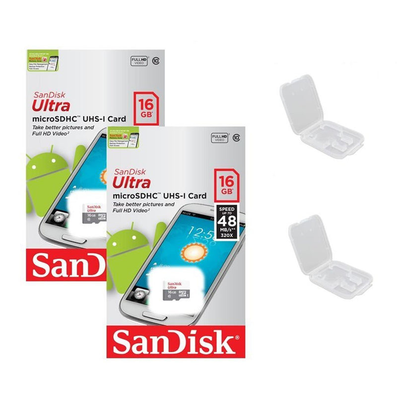 [Australia - AusPower] - 2 PACK - SanDisk Ultra 16GB MicroSDHC Memory Flash Card UHS-I Class 10 Micro SD SDHC Read Speed up to 48MB/s 320X SDSQUNB-016G-GN3MNA Wholesale Lot + ( 2 Cases ) 