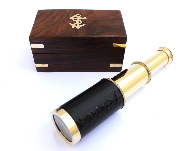 [Australia - AusPower] - 6" Nautical Handheld Pirate Brass Telescope with Anchor on Wooden Box, Sailor Home Decor Toy Gift 