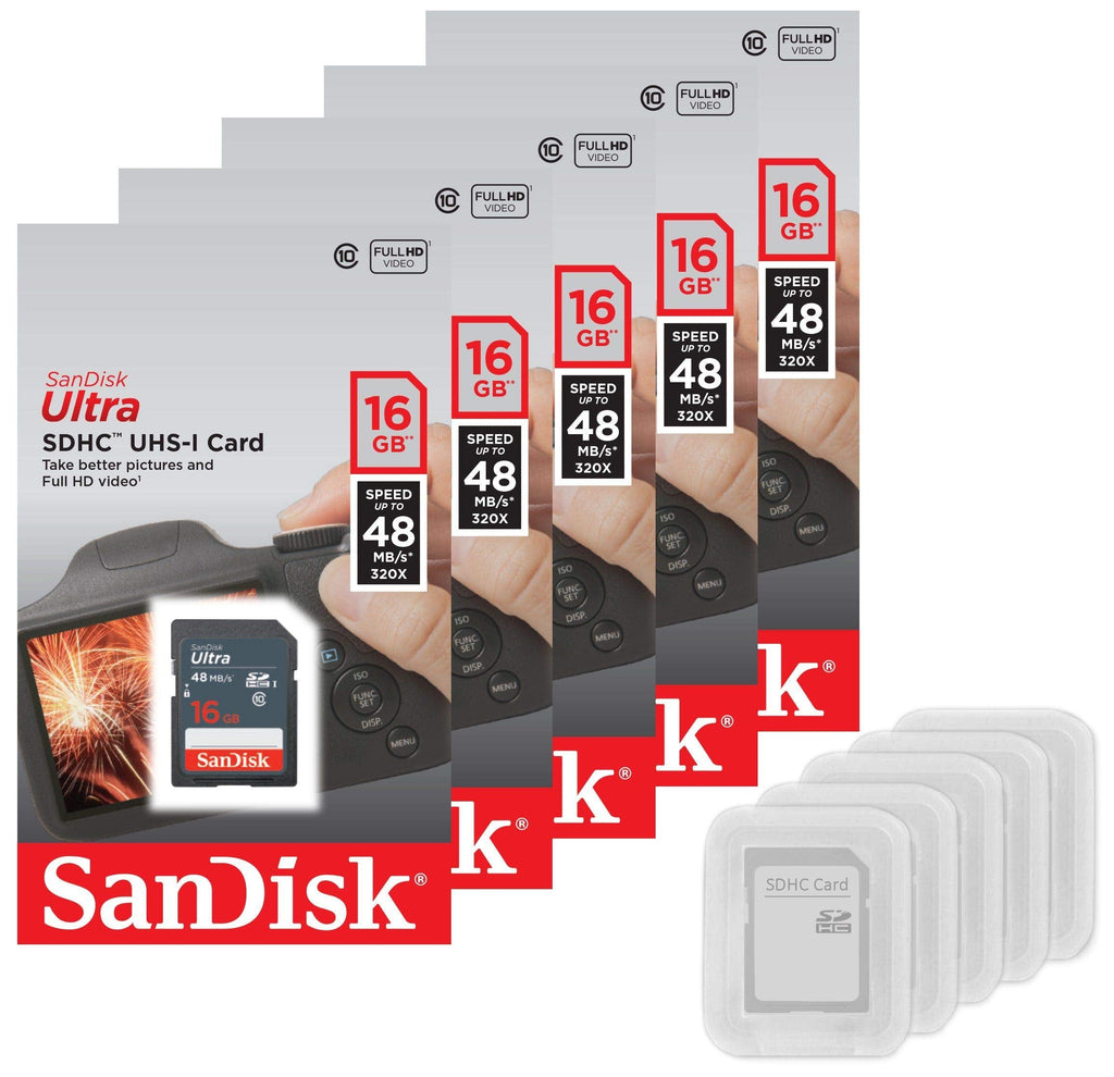 [Australia - AusPower] - 5 Pack - SanDisk Ultra 16GB SD SDHC Memory Flash Card UHS-I Class 10 Read Speed up to 48MB/s 320X SDSDUNB-016G-GN3IN Wholesale Lot + (5 Cases) 5 Pack (16GB) 