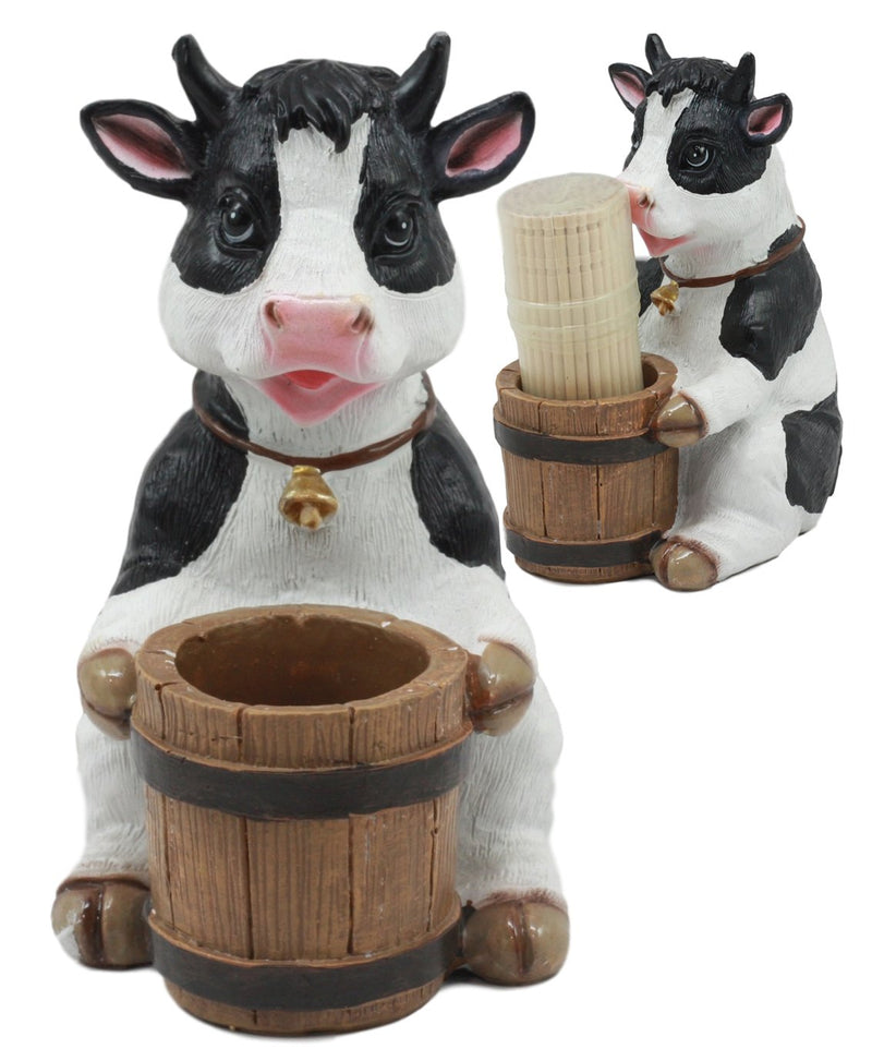 [Australia - AusPower] - Ebros Country Farm Bovine Cow With Bell Collar Holding A Wooden Barrel Decorative Toothpick Holder Statue With Toothpicks 4"Tall Starter Kit Cattle Animal Figurine Collectible Kitchen Decor 
