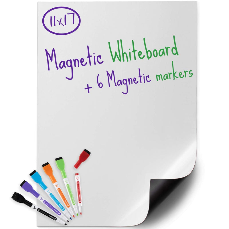 [Australia - AusPower] - USA Made Magnetic Dry Erase Whiteboard Sheet 17" x 11" with a Set of 6 Markers 11" X 17" White 