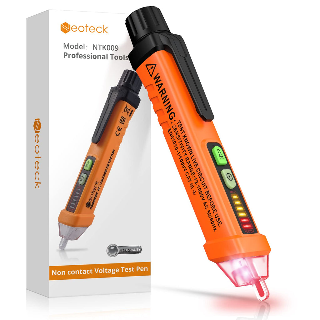 [Australia - AusPower] - Neoteck Non-Contact AC Voltage Tester Pen, AC 12-1000V, LED Flashlight, Buzzer Alarm for Live/Null Wire Judgment Yellow 