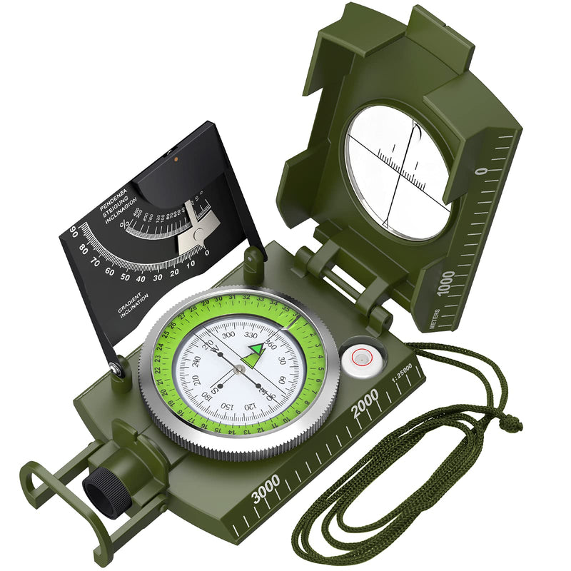 [Australia - AusPower] - Proster IP65 Hiking Compass with Sighting Clinometer Professional Military Compass Metal Camping Compass Waterproof with Carry Bag for Camping Hunting Hiking Geology Activities ArmyGreen Compass 