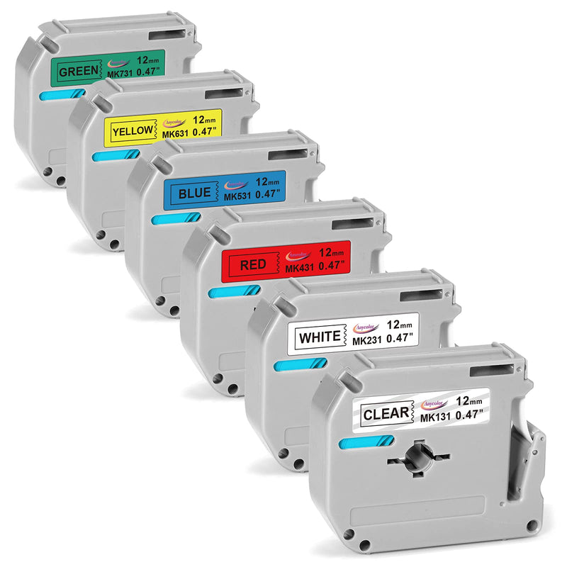[Australia - AusPower] - Anycolor Compatible Label Tape Replacement for Brother P Touch M Tape 12mm 0.47 Inch (White/Clear/Red/Yellow/Blue/Green) for P Touch PT-M95 PT-90 PT70 PT-65 PT85, 12mm x 8m (26.2 Ft), 6-Pack 