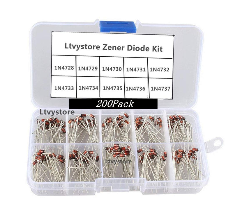 [Australia - AusPower] - Zener Diodes Kit, 1W Axial Leads Through Hole Power Diode Assorted Assortment Box Kit Set (3.3V/3.6V/3.9V/4.3V/4.7V/5.1V/5.6V/6.2V/6.8V/7.5V), Range 1N4728~1N4737,Pack of 200, By Ltvystore 