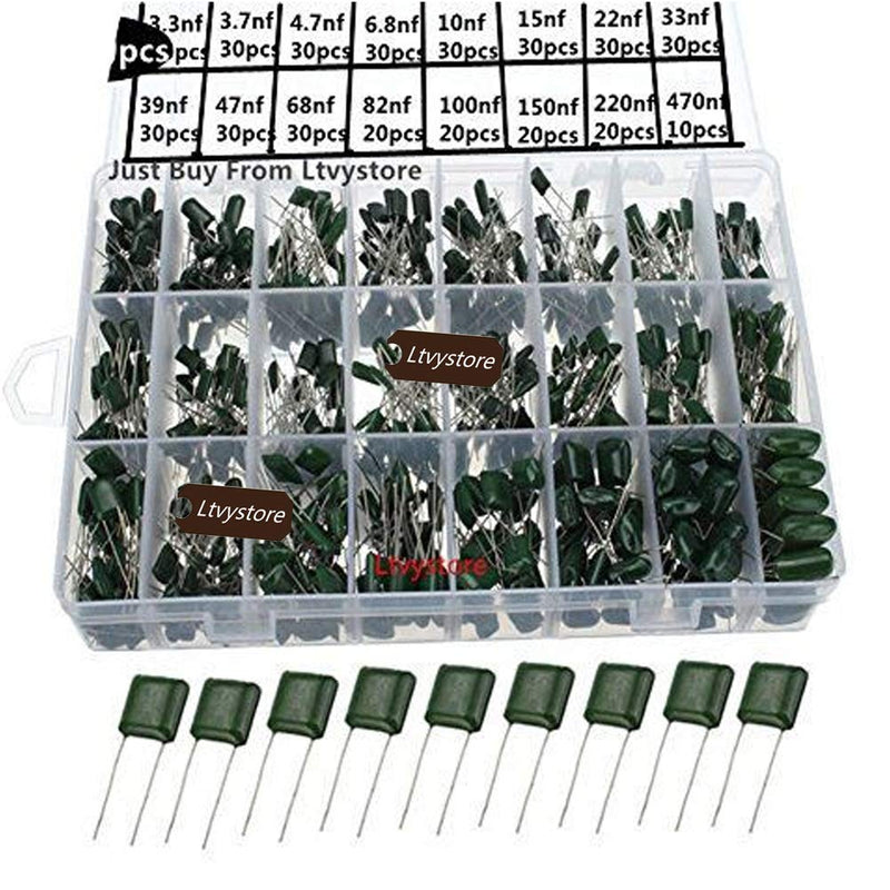 [Australia - AusPower] - Capacitor Kit, Metalized Mylar Polyester Film Capacitor Assorted Assortment Box Kit Set 100V - Through Hole Capacitors, Range 0.22NF- 470NF, Pack of 660 Ltvystore 